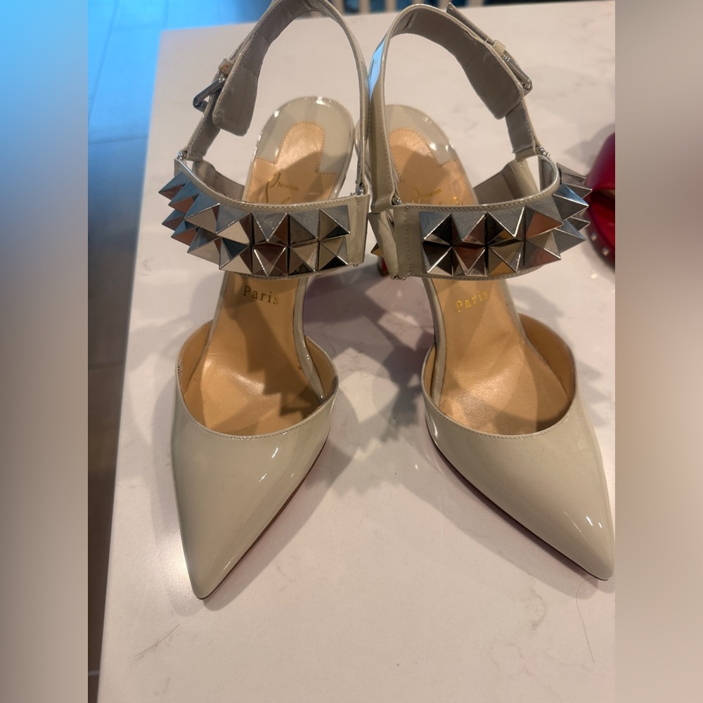 Louboutin Stud-Embellished Pointed Toe Slingback Heels in Cream